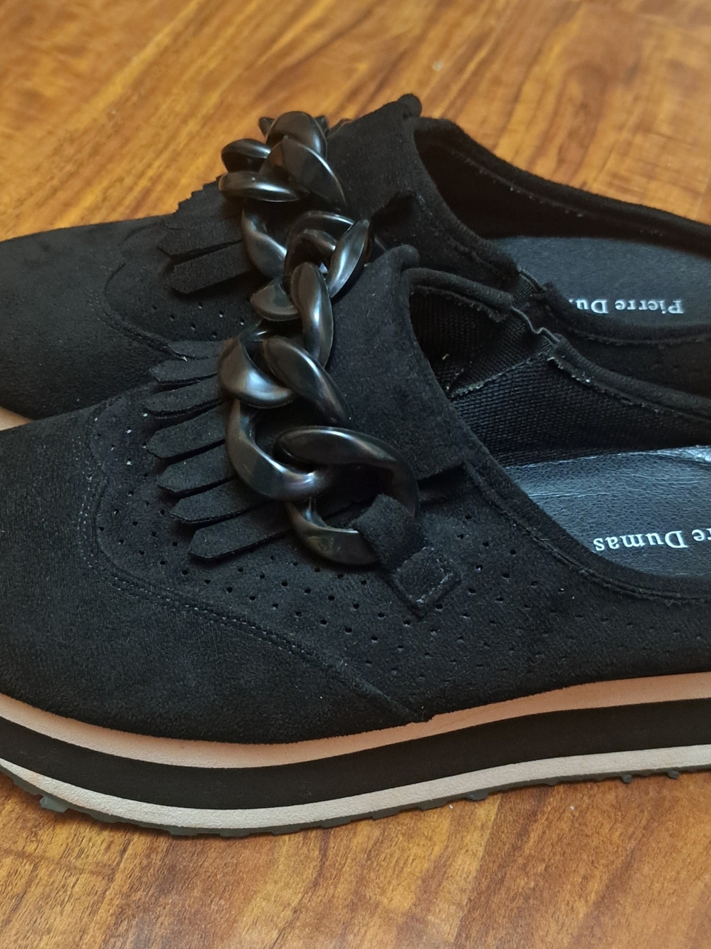 Pierre Dumas Black Suede Platform Loafers with Chain Accent Sz 8